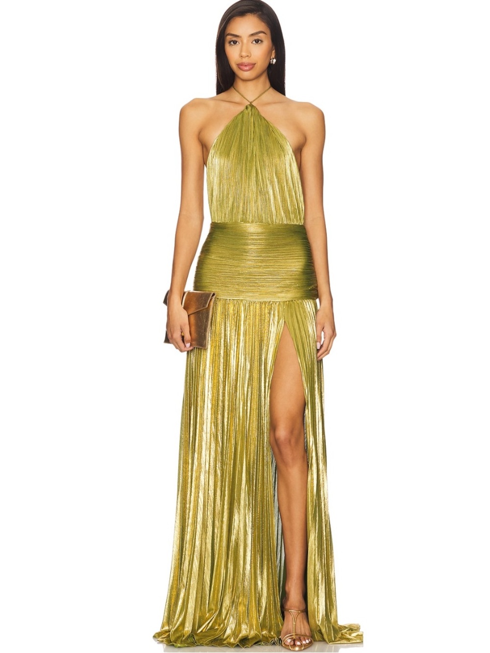 Retrofete Metallic Peridot Halter Evening Gown